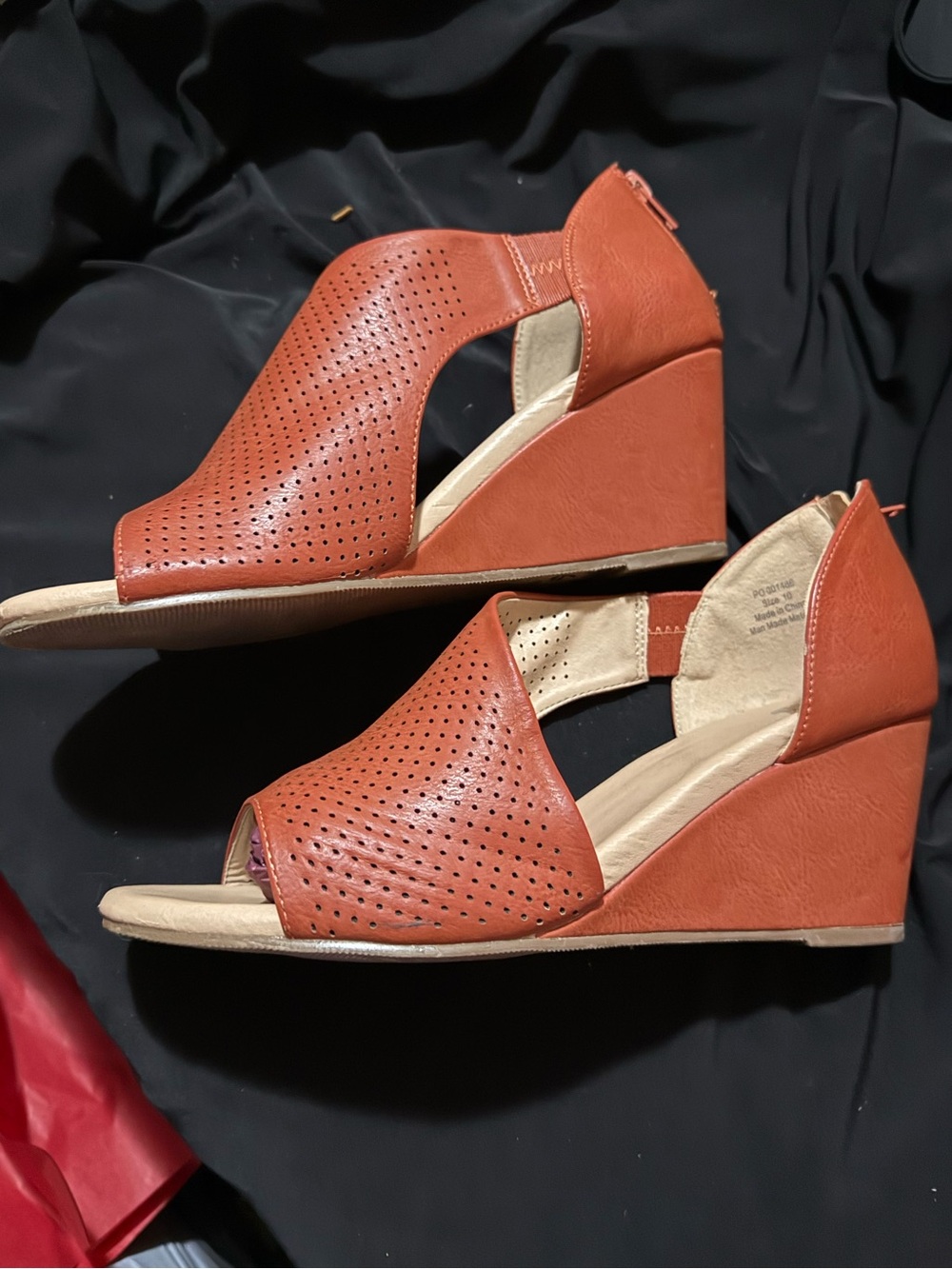 Women's Perforated Peep-Toe Wedge Sandals - Rust